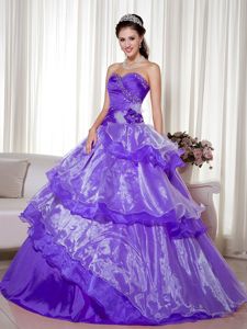 Purple Sweetheart Hand Made Flowers Beaded Quinceanera Dresses