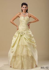 Light Yellow Sweetheart Hand Made Flowers Tiered Quince Gown