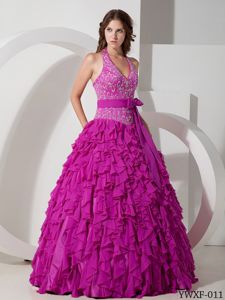 v-Neck Embroidery Bust Ruffled Dress for Quince with Bow Sash