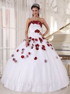 White and Wine Red Hand Made Flowers Strapless Quinceanera Gown
