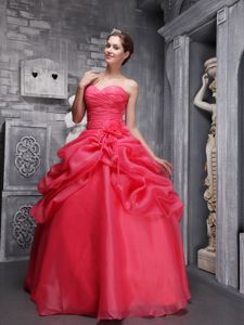 Coral Red Organza Dress for Quinceaneras with Ruches