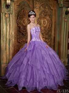 Lavender Strapless Ball Gown Organza Appliques Quince Dresses