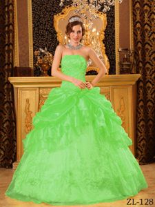 Green Strapless Organza Dress for Quinceanera with Appliques