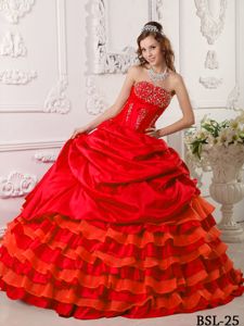 Red Strapless Layered Taffeta Beaded Quinceanera Dresses