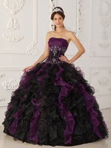 Purple and Black Organza Dress for Quince with Ruffles