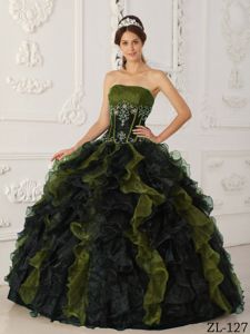 Olive and Black Ruffled Organza Dress for Quinceaneras