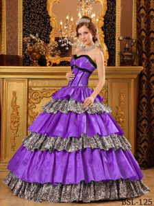Purple and Leopard Taffeta Dress for Quince with Ruffles