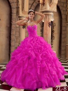 Cheap Hot Pink Ruched Organza Ruffed Dress for Quinceaneras