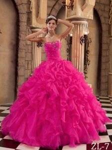 Attractive Red Beaded Ruffled Organza Dress for Quince