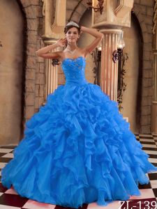 Blue Sweetheart Organza Ruffled Dress for Quinceaneras