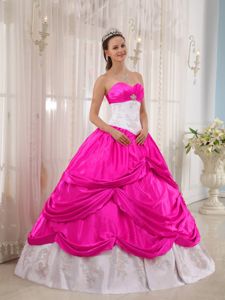 Hot Pink and White Taffeta Floor-length Quinceanera Dresses