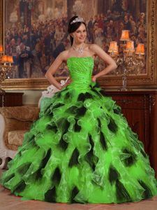 Green and Black Ruffled Organza Ruched Quinceanera Dresses