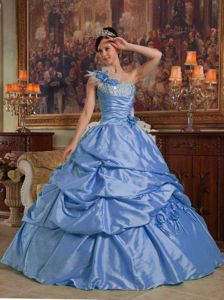Blue One Shoulder Taffeta Pick-ups Dresses for Quinces