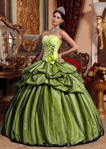 Green Taffeta Pick-ups Dress for Quinceaneras with Flower