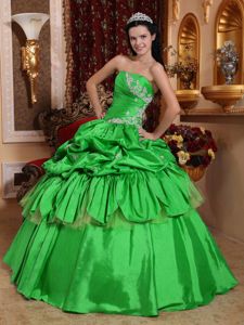 Green Taffeta Appliques Quinceanera Dresses with Pick Ups