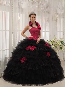 Red and Black Halter Quince Dress with Flowers and Flowers