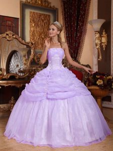 Modest Organza Lilac Strapless Dress for Sweet 16 with Appliques