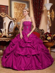 Strapless Beaded Bodice Fuchsia Quinceanera Dress with Pick-ups