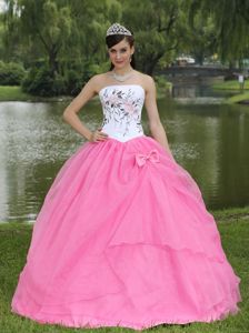 White and Pink Strapless Dress for Quinceanera with Embroidery