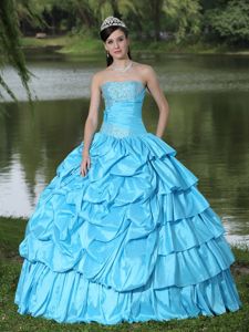 Best Strapless Beading Aqua Blue Dress for Quince with Pick-ups