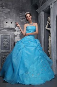 Organza Aqua Blue Strapless Dress for Sweet 16 with Embroidery