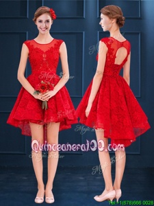 Fashionable Scoop Red Lace Up Quinceanera Dama Dress Lace Sleeveless High Low