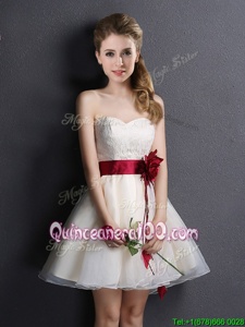 Charming Sweetheart Sleeveless Dama Dress Mini Length Lace and Hand Made Flower Champagne Organza