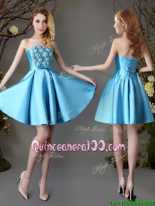 Modest Sleeveless Satin Mini Length Lace Up Court Dresses for Sweet 16 inBaby Blue forSpring and Summer and Fall withAppliques and Bowknot