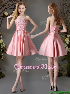 Artistic Pink A-line Strapless Sleeveless Satin Mini Length Lace Up Appliques and Bowknot Dama Dress for Quinceanera