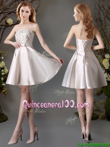 Luxurious Champagne Sleeveless Mini Length Appliques and Bowknot Lace Up Dama Dress
