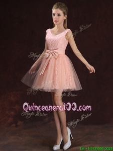 Most Popular Peach Sleeveless Tulle and Lace Lace Up Dama Dress forProm and Party