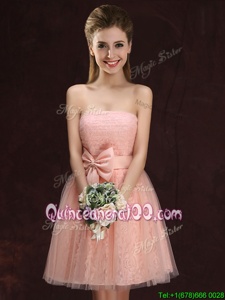 Popular Peach A-line Lace and Bowknot Damas Dress Lace Up Tulle and Lace Sleeveless Mini Length