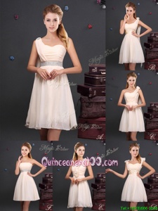 Captivating Champagne Chiffon Zipper Damas Dress Sleeveless Mini Length Ruffles and Sequins and Ruching and Bowknot and Hand Made Flower