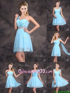 Sweet Baby Blue Zipper Quinceanera Court Dresses Ruffles and Sequins and Ruching and Bowknot and Hand Made Flower Sleeveless Mini Length