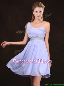 Admirable One Shoulder Lavender Sleeveless Mini Length Sequins and Ruching Zipper Dama Dress