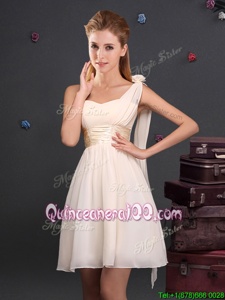 Charming Champagne One Shoulder Zipper Ruching and Hand Made Flower Damas Dress Sleeveless