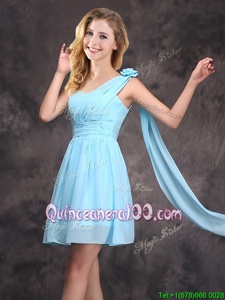 Custom Design Baby Blue Dama Dress for Quinceanera Prom and Party and Wedding Party and For withRuching and Hand Made Flower One Shoulder Sleeveless Zipper
