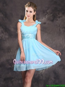 Luxurious Straps Straps Spring and Summer and Fall Chiffon Sleeveless Mini Length Dama Dress for Quinceanera andRuching and Bowknot