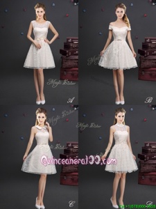 Hot Sale Off the Shoulder Champagne Sleeveless Knee Length Lace and Appliques Lace Up Damas Dress