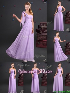 Colorful One Shoulder Lavender Chiffon Zipper Damas Dress Sleeveless Floor Length Ruching and Bowknot and Hand Made Flower