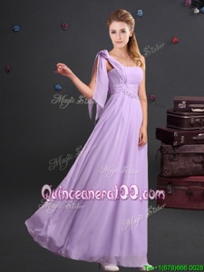 Deluxe One Shoulder Sleeveless Chiffon Floor Length Zipper Vestidos de Damas inLavender forSpring and Summer and Fall and Winter withRuching