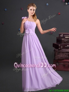 Super Lavender Chiffon Zipper One Shoulder Sleeveless Floor Length Court Dresses for Sweet 16 Ruching and Hand Made Flower