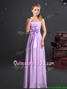 Flirting Strapless Sleeveless Quinceanera Court of Honor Dress Floor Length Ruching and Bowknot Lavender Chiffon