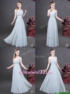 Artistic Floor Length Grey Quinceanera Court Dresses Chiffon Sleeveless Spring and Summer and Fall and Winter Ruching