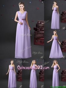 High End Floor Length Lace Up Quinceanera Dama Dress Lavender and In forProm and Party and Wedding Party withLace and Appliques and Belt