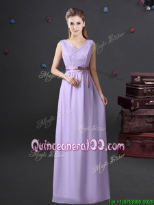 Cute Lavender Empire Lace and Belt Vestidos de Damas Lace Up Chiffon Sleeveless Floor Length