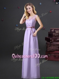 Perfect See Through Lavender Chiffon Lace Up Scoop Sleeveless Floor Length Dama Dress Lace and Appliques and Belt