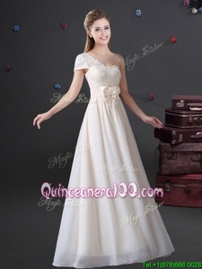 Fantastic White Chiffon Zipper One Shoulder Sleeveless Floor Length Quinceanera Dama Dress Lace and Bowknot