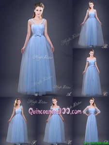 Most Popular Sleeveless Tulle Floor Length Lace Up Quinceanera Court Dresses inLight Blue forSpring and Summer and Fall and Winter withBeading and Appliques and Ruching and Bowknot and Hand Made Flower
