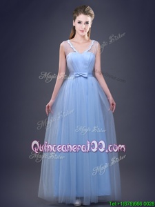Exceptional Light Blue Lace Up Vestidos de Damas Appliques and Ruching and Bowknot Sleeveless Floor Length
